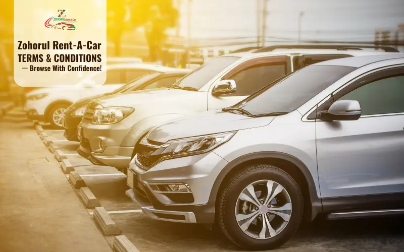 A row of parked cars, including a silver Honda CR-V in the foreground, at Zohorul Rent-A-Car.